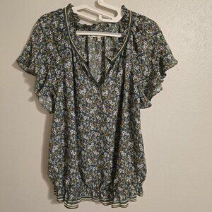 Max Studio Hunter Green & Yellow Floral Flutter Sleeve Blouse / Top  Size Large